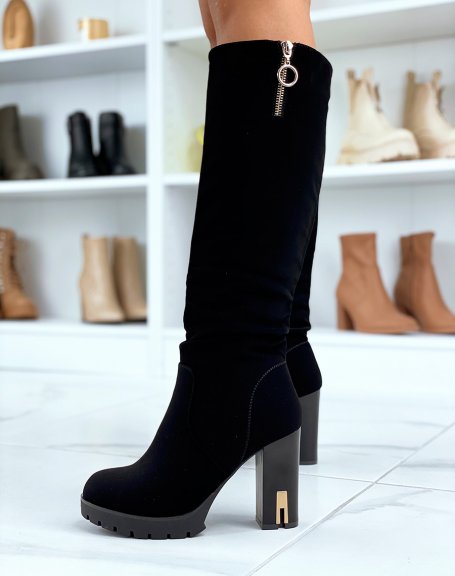Black high boots in smooth suede with gold detail