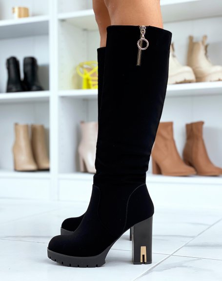 Black high boots in smooth suede with gold detail