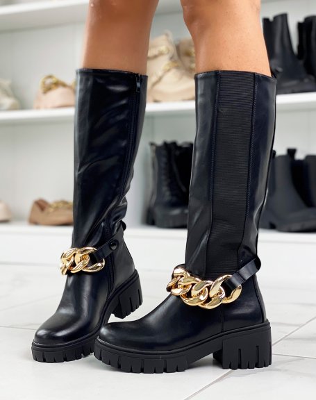 Black high boots with elastic and golden chain