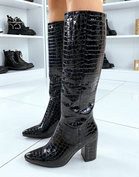Black high boots with shiny croc effect