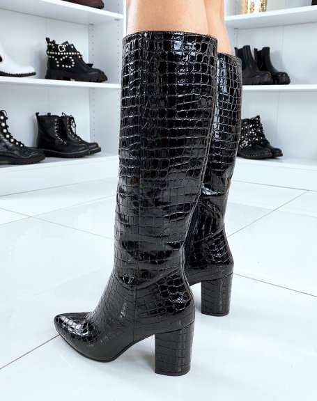 Black high boots with shiny croc effect