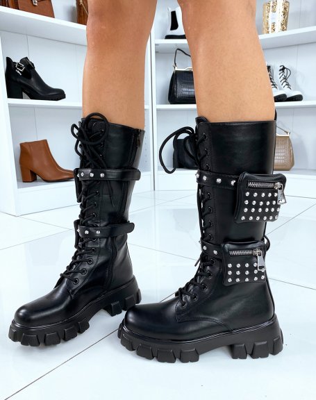 Black high boots with studded pockets