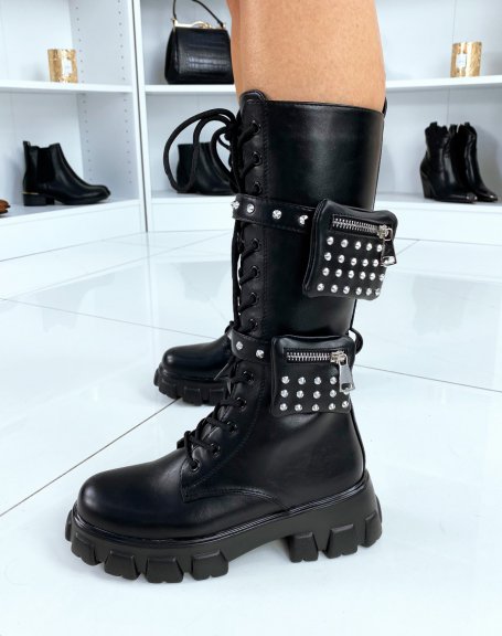 Black high boots with studded pockets