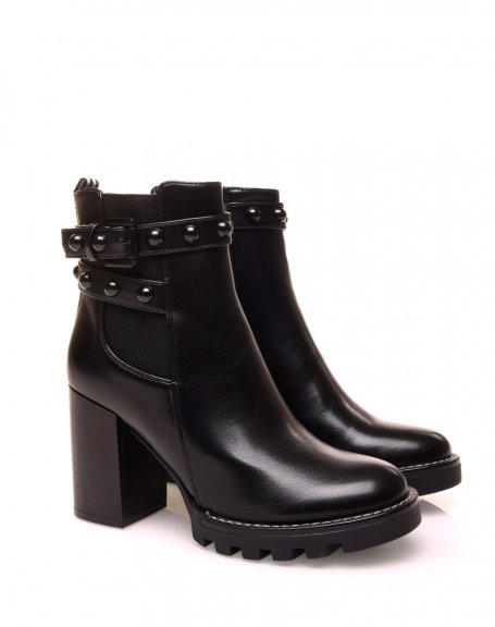 Black High Heel Studded Strap Ankle Boots