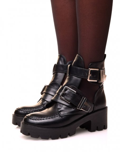 Black high-rise ankle boots with openwork buckles