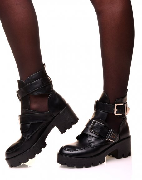 Black high-rise ankle boots with openwork buckles