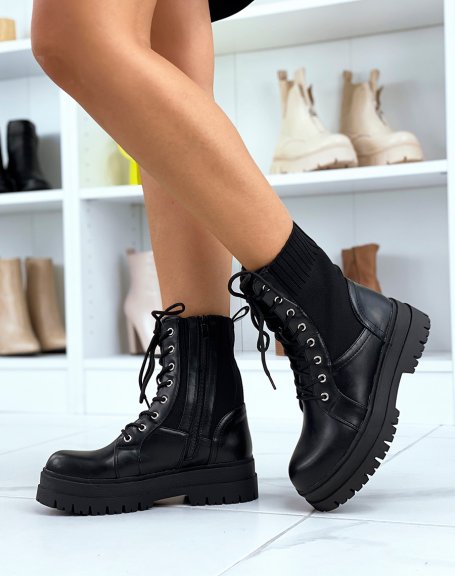 Black high-rise bi-material ankle boots