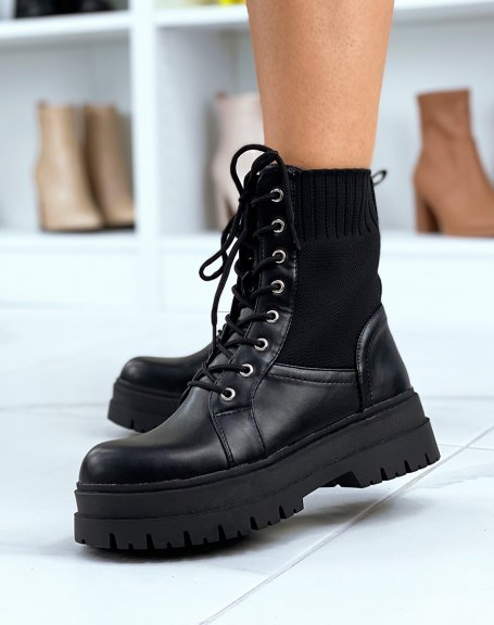 Black high-rise bi-material ankle boots
