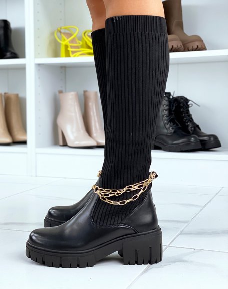 Black high sock boots with thin golden chains