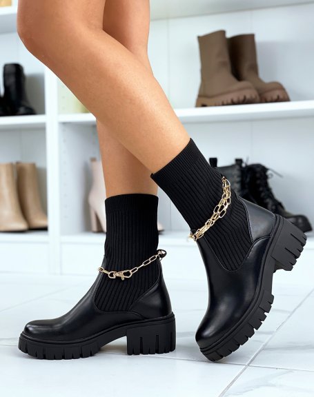 Black high sock-effect ankle boots with thin golden chains