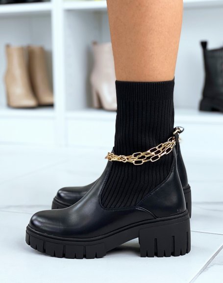 Black high sock-effect ankle boots with thin golden chains
