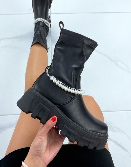 Black high-top ankle boots with chain and pearls with notched sole
