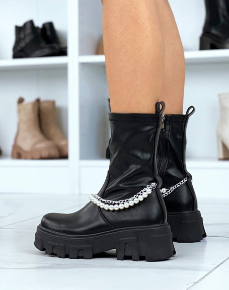 Black high-top ankle boots with chain and pearls with notched sole