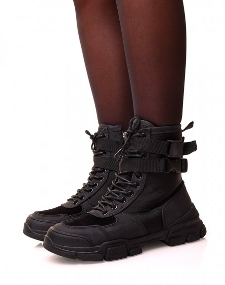 Black high-top ankle boots with straps and laces