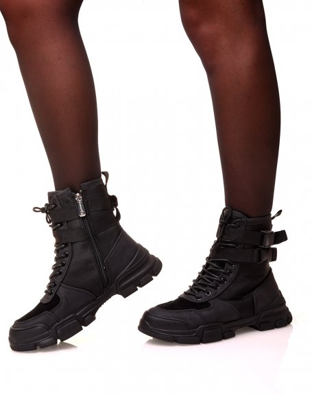 Black high-top ankle boots with straps and laces