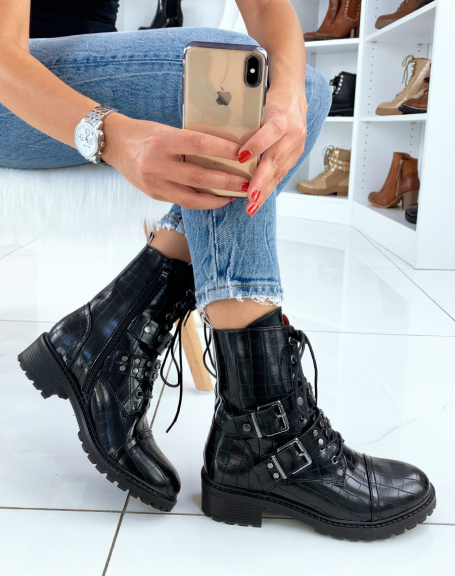 Black high-top croc-effect ankle boots with studded straps and laces