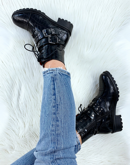 Black high-top croc-effect ankle boots with studded straps and laces