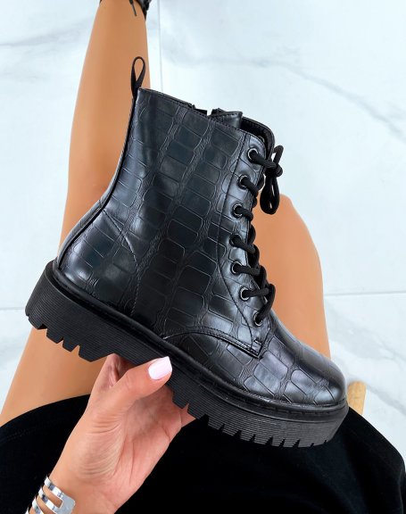 Black high-top croc-effect lace-up ankle boots