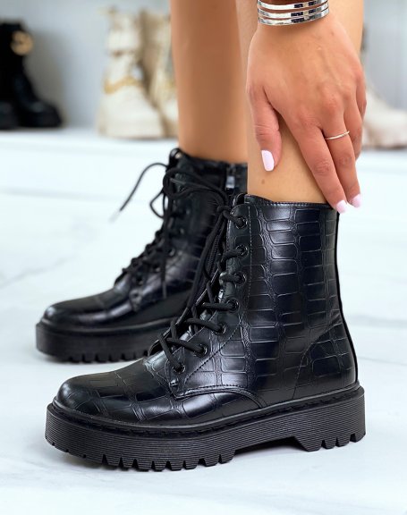 Black high-top croc-effect lace-up ankle boots