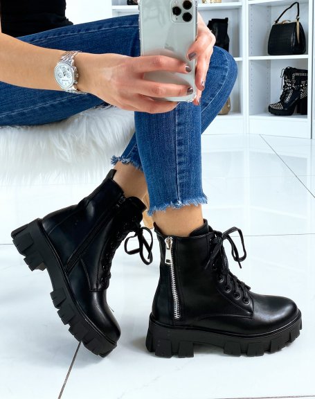 Black high-top lace-up ankle boots with zip and lug sole