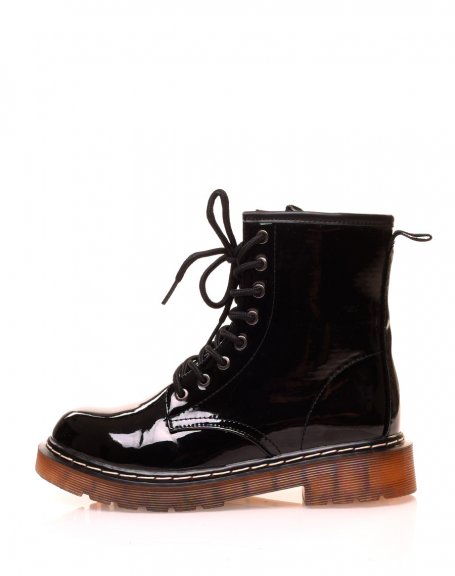Black high-top patent lace-up ankle boots