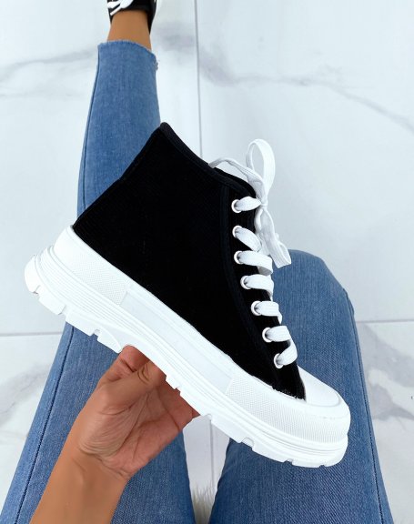 Black high top sneakers in striped suede