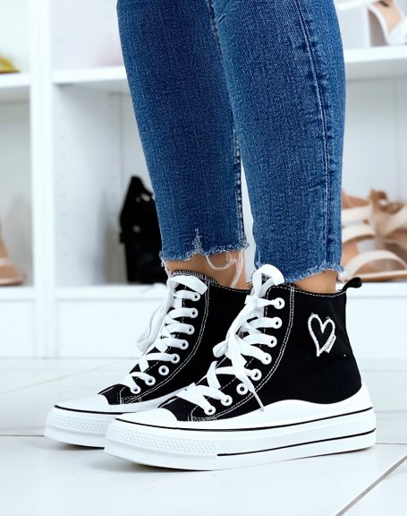 Black high-top sneakers with an embroidered heart