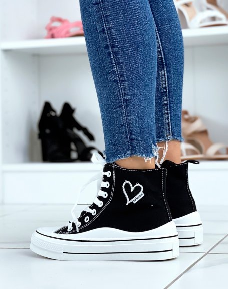 Black high-top sneakers with an embroidered heart