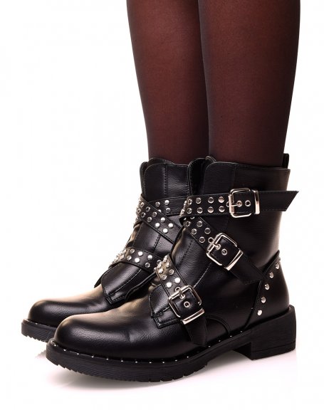 Black knee high ankle boots with studded triple straps
