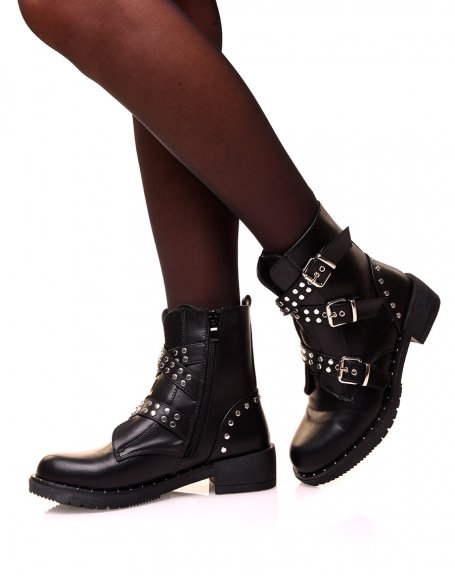 Black knee high ankle boots with studded triple straps