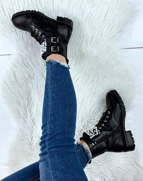 Black lace-up ankle boots adorned with pearls