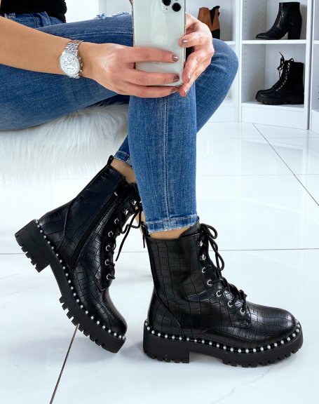 Black lace-up ankle boots with beaded croc effect