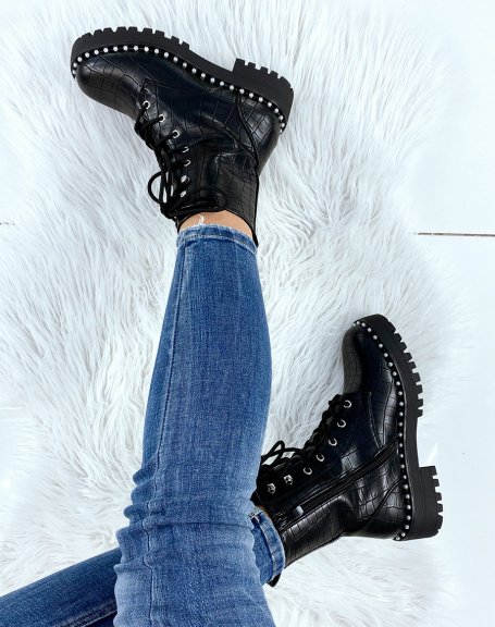 Black lace-up ankle boots with beaded croc effect