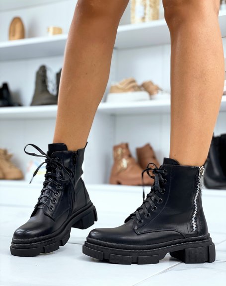 Black lace up ankle boots with decorative zip