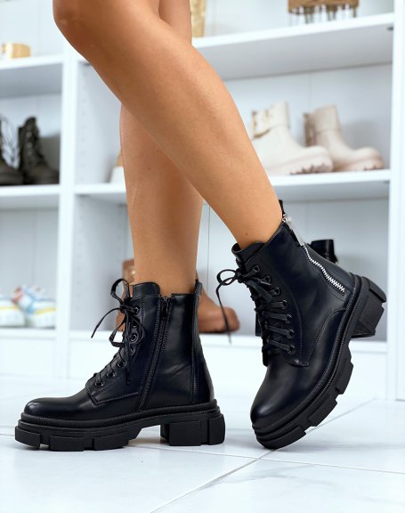 Black lace up ankle boots with decorative zip