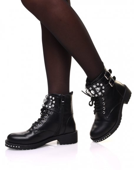 Black lace-up ankle boots with diamond details