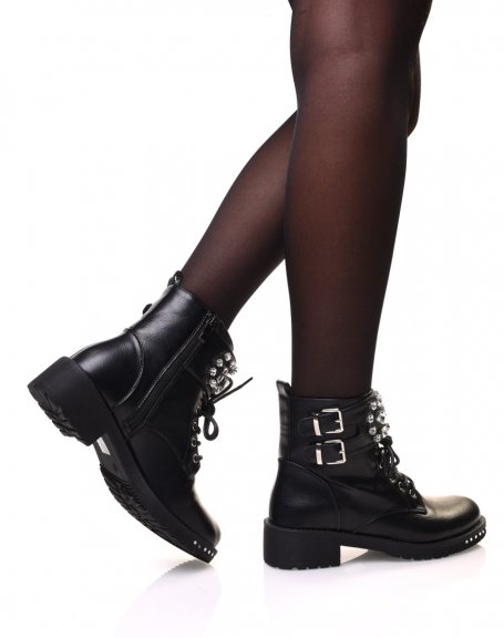 Black lace-up ankle boots with diamond details