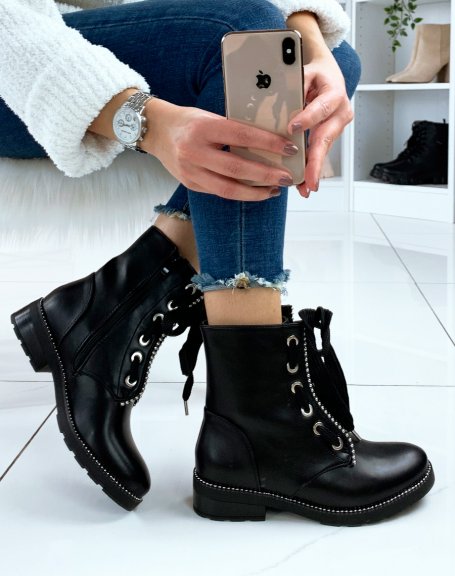 Black lace-up ankle boots with silver details