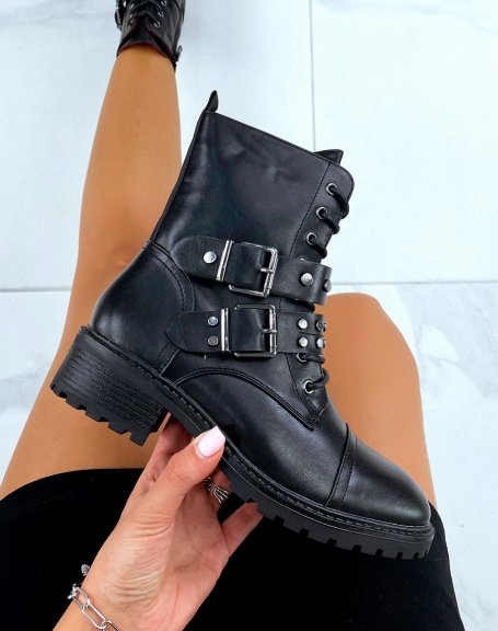 Black lace up ankle boots with studded strap