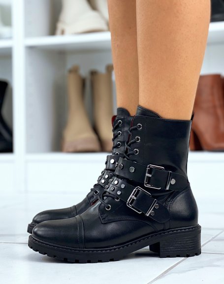 Black lace up ankle boots with studded strap