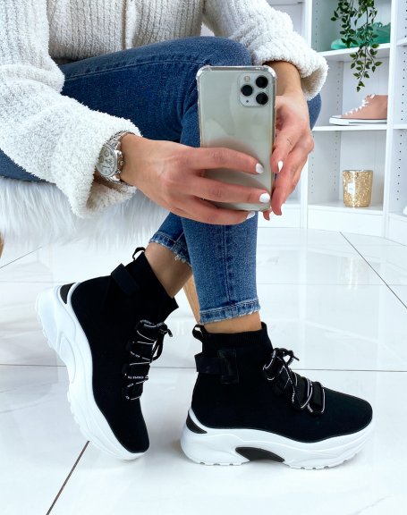 Black lace-up chunky sock sneakers