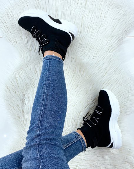 Black lace-up chunky sock sneakers