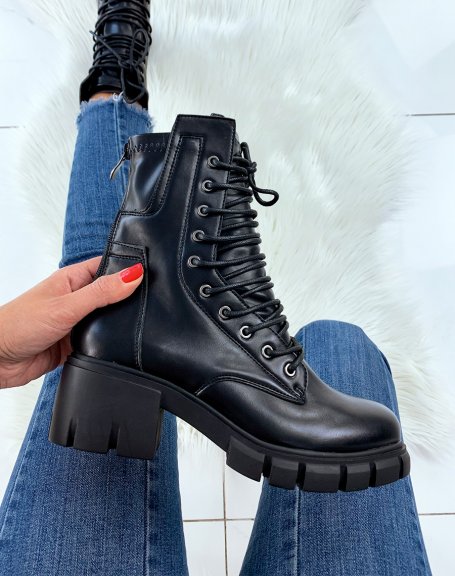Black lace-up chunky sole ankle boots