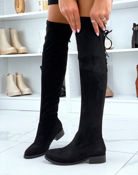 Black lace-up flat thigh-high boots