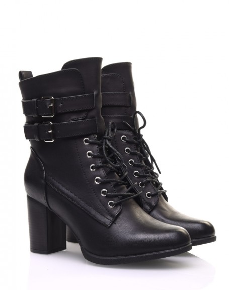 Black lace-up heeled ankle boots