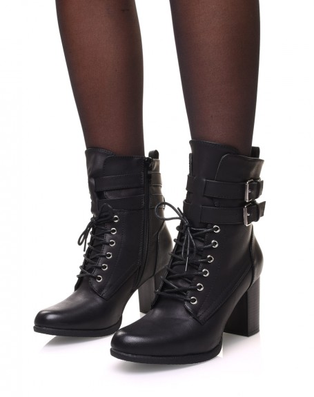 Black lace-up heeled ankle boots