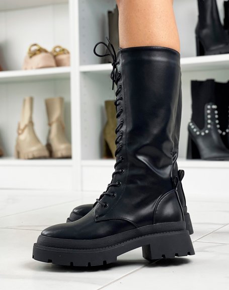 Black lace-up heeled boots