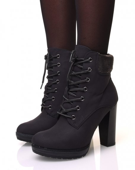 Black lace up high heel ankle boots