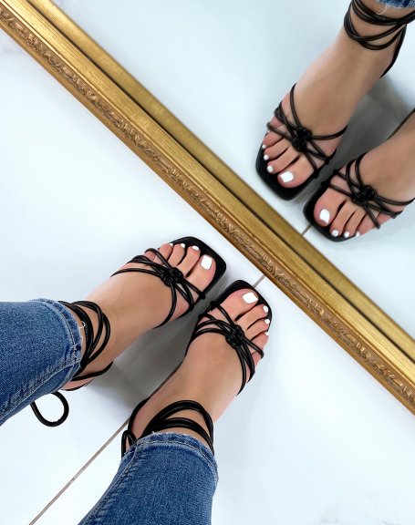 Black lace-up sandals with wide heels