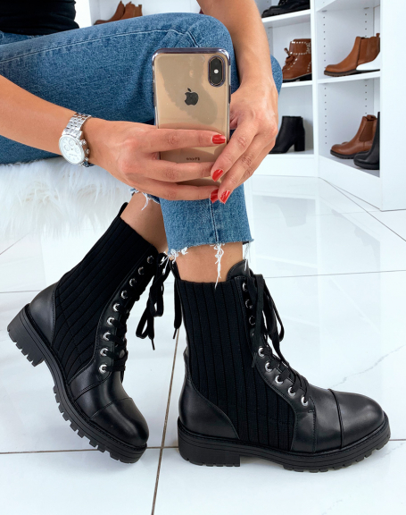 Black lace-up sock ankle boots